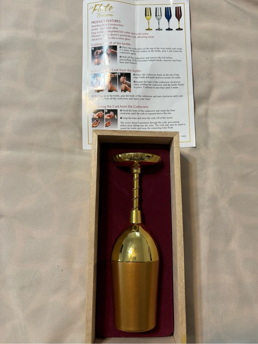 Novelty Corkscrew by La Flute Gold Tone Wine Glass 7”